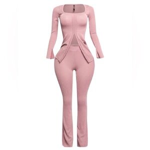 Ribbed Pant Set With Slit Detail